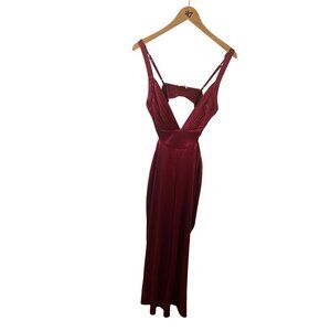 Luxxel Women's Deep Red Plunge V Neck Classic Jumpsuit - Mediium